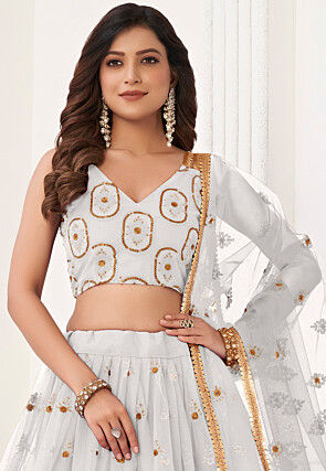 Embroidered Net Lehenga in Off White