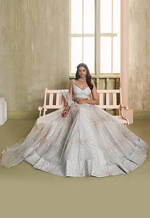 Embroidered Net Lehenga in Off White