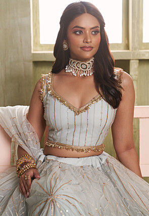 Embroidered Net Lehenga in Off White