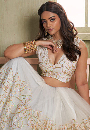 Embroidered Net Lehenga in Off White