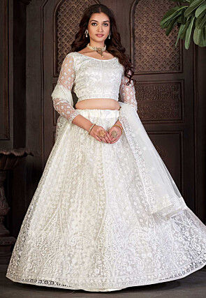 Embroidered Net Lehenga in Off White