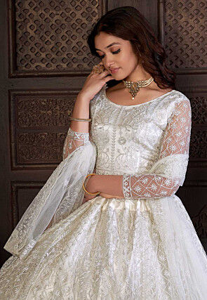 Embroidered Net Lehenga in Off White