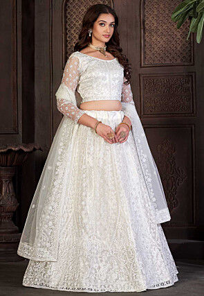 Embroidered Net Lehenga in Off White
