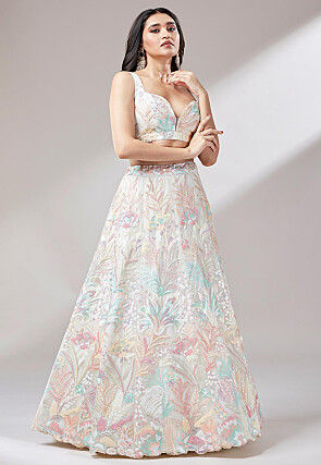 Embroidered Net Lehenga in Off White