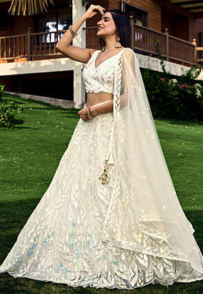 Embroidered Net Lehenga in Off White