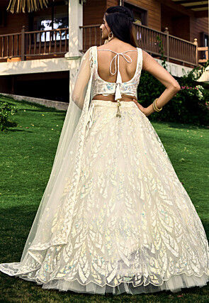 Embroidered Net Lehenga in Off White
