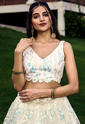 Embroidered Net Lehenga in Off White