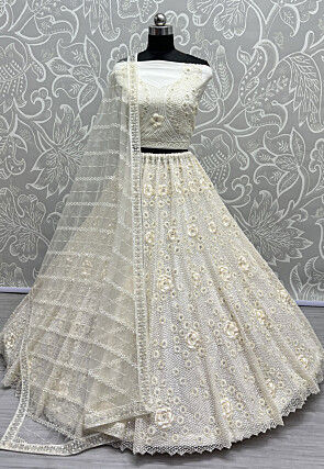 Embroidered Net Lehenga in Off White