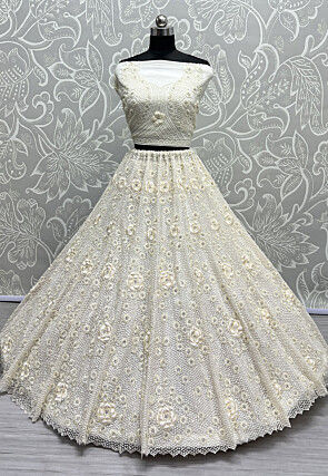 Embroidered Net Lehenga in Off White