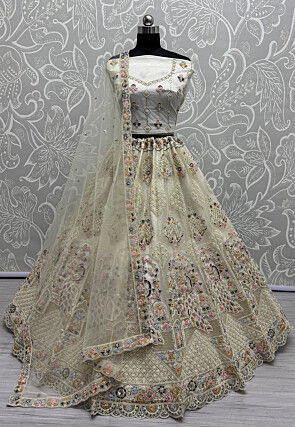 Embroidered Net Lehenga in Off White