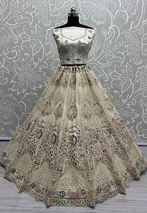 Embroidered Net Lehenga in Off White