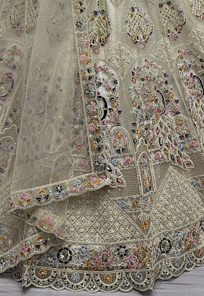 Embroidered Net Lehenga in Off White