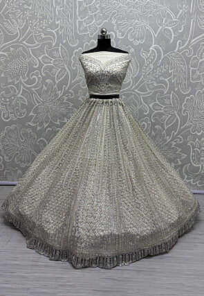 Embroidered Net Lehenga in Off White
