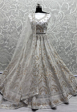 Embroidered Net Lehenga in Off White