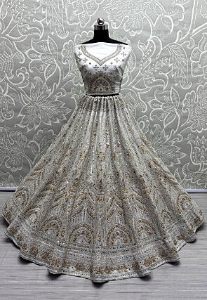 Embroidered Net Lehenga in Off White