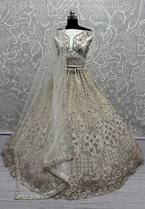 Hand Embroidered Net Lehenga in Off White