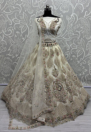 Embroidered Net Lehenga in Off White