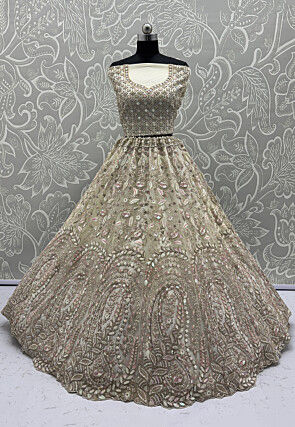 Embroidered Net Lehenga in Off White