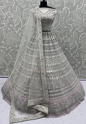 Embroidered Net Lehenga in Off White