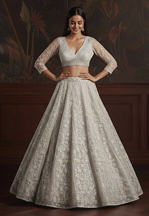Embroidered Net Lehenga in Off White