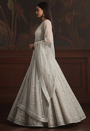 Embroidered Net Lehenga in Off White
