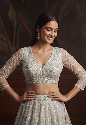 Embroidered Net Lehenga in Off White