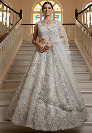 Embroidered Net Lehenga in Off White