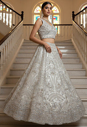 Embroidered Net Lehenga in Off White