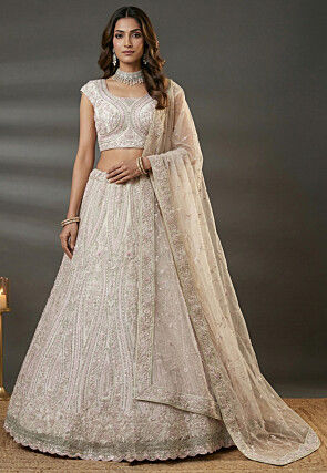 Embroidered Net Lehenga in Off White
