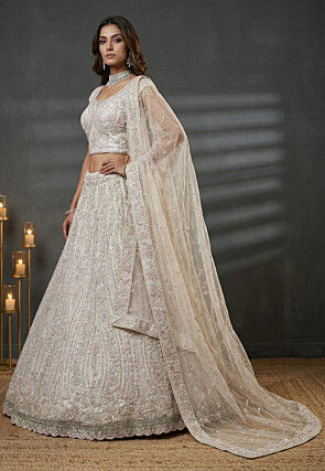 Embroidered Net Lehenga in Off White