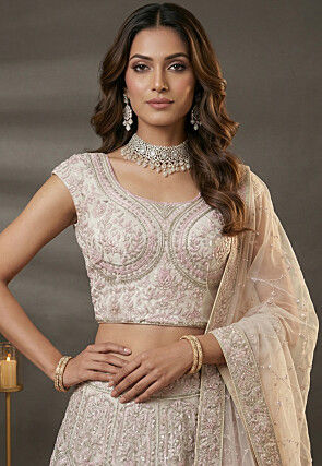 Embroidered Net Lehenga in Off White