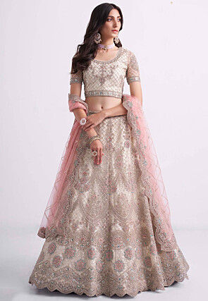 Embroidered Net Lehenga in Off White
