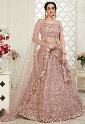 Embroidered Net Lehenga in Old Rose