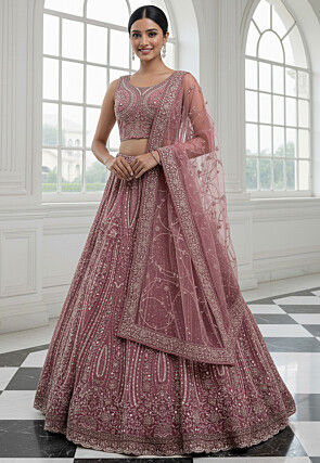Embroidered Net Lehenga in Old Rose