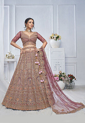 Embroidered Net Lehenga in Old Rose