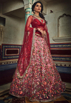 Embroidered Net Lehenga in Old Rose