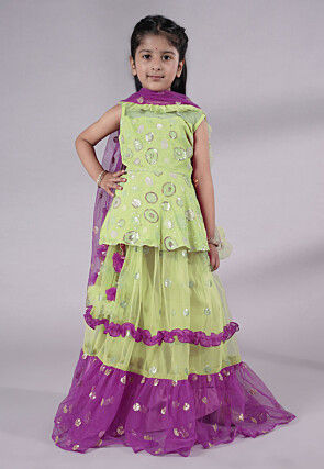Embroidered Net Lehenga in Olive Green and Purple