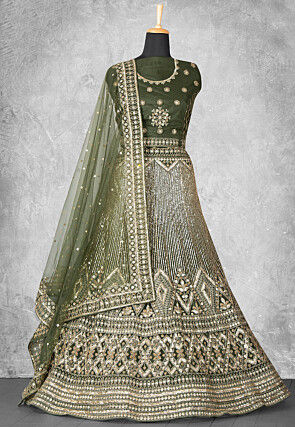 Embroidered Net Lehenga in Olive Green
