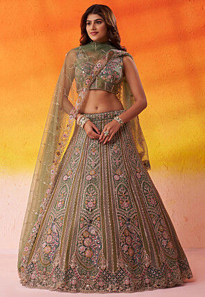 Embroidered Net Lehenga in Olive Green