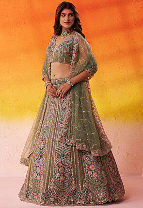 Embroidered Net Lehenga in Olive Green