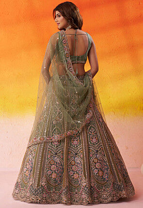 Embroidered Net Lehenga in Olive Green