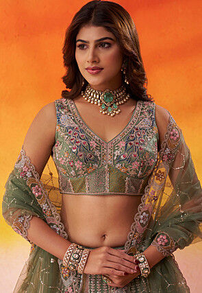 Embroidered Net Lehenga in Olive Green
