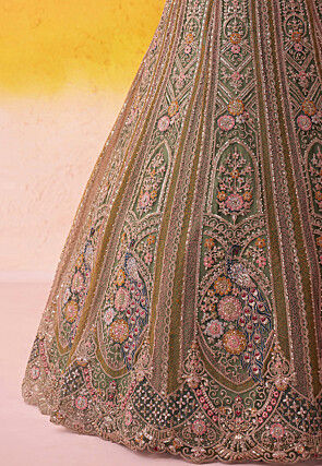 Embroidered Net Lehenga in Olive Green