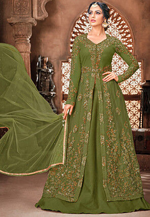 Embroidered Net Lehenga in Olive Green