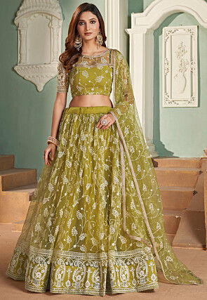 Embroidered Net Lehenga in Olive Green