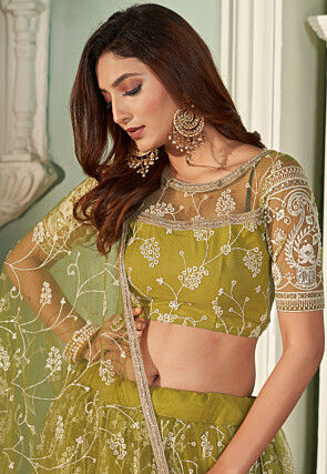 Embroidered Net Lehenga in Olive Green