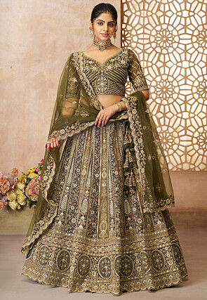 Embroidered Net Lehenga in Olive Green