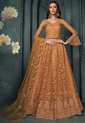 Embroidered Net Lehenga in Orange