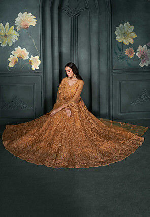 Embroidered Net Lehenga in Orange