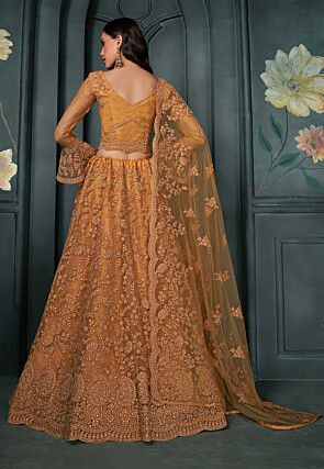 Embroidered Net Lehenga in Orange